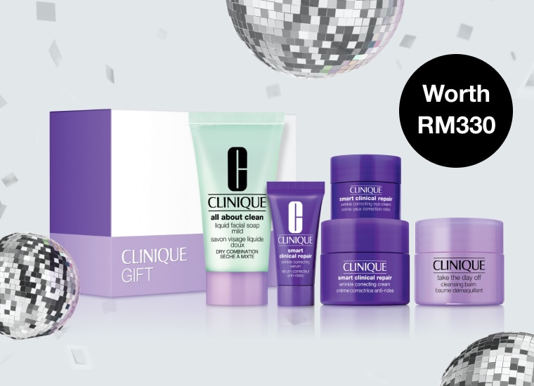 Clinique for Men Gift Set in front and miniature disco balls, surrounded by silver confetti